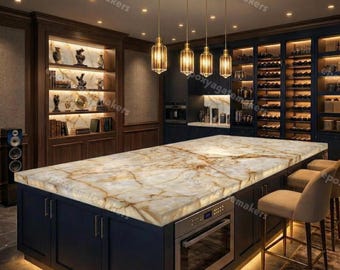 Encimera de isla de cocina de cuarcita Cristallo retroiluminada – Losa de encimera de piedra blanca translúcida