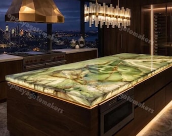 Encimera de ónix verde retroiluminada, barra de piedra translúcida color esmeralda, losa personalizada