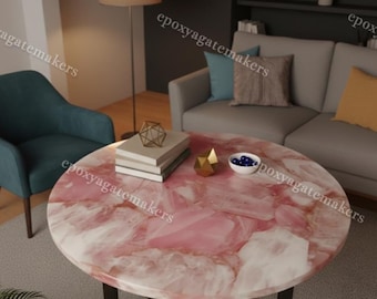 Salontafel rozenkwarts - salontafel natuurlijk roze kristal, ronde edelsteen bijzettafel, meubilair van helende kristallen, luxe woondecoratie