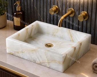 Luxury White Onyx Vessel Sink - Handmade Rectangular Marble Basin - Natural Stone Bathroom Vanity Washbasin - Elegant Home Decor