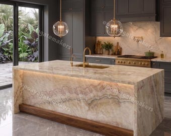 Luxus Creme Onyx Kücheninsel mit Wasserfall Rand | Handgefertigte Naturstein-Arbeitsplatte | Benutzerdefinierte hinterleuchteter Onyx-Esstisch