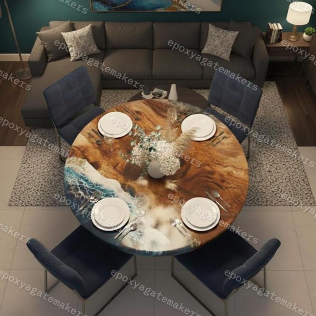 Custom Round Live Edge Dining Table With Blue Epoxy Ocean Wave ...