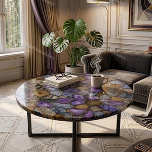 Natural Agate Stone Round Coffee Table, Handmade Gemstone Living Room Furniture, Luxury Purple Agate Geode Table, Modern End Table