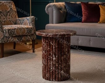 Rosso Levanto Marble Side Table – Fluted Pedestal Accent Table