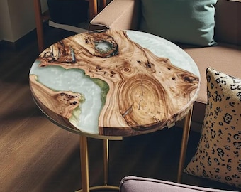 Mesa auxiliar redonda moderna de madera de acacia hecha a mano con resina epoxi.