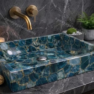 Natural Blue Agate Vessel Sink – Rectangular Stone Wash Basin, Epoxy Resin Art
