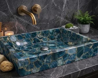 Natural Blue Agate Vessel Sink – Rectangular Stone Wash Basin, Epoxy Resin Art