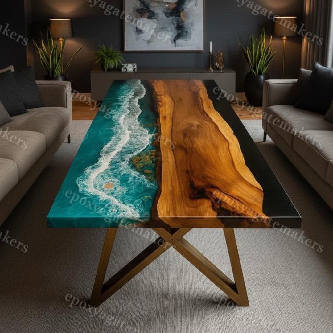 Handmade Ocean Wave Epoxy Coffee Table – Live Edge Walnut River Table ...