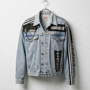 Custom Upcycled Denim Jacket - One-of-a-Kind Grunge Punk Style - Hand-Reworked Streetwear with Chains, Patches and Studs, Adidas style