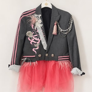 Upcycled Wool Blazer One-of-a-Kind Reworked Men's Suit Jacket Oversized Pink Tulle Feathers Pearl Chains & Crown Eye Sequin Patch, party