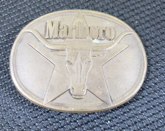 Vintage 1980s brass Marlboro Phillip Morris belt buckle Texas star steer head