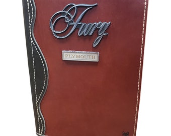 Vintage Original Plymouth Fury Emblems repurposed Handcrafted Pocket Leather Folder