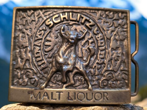 Vintage Brass Schlitz Malt Liquor Beer Belt Buckle with Bull