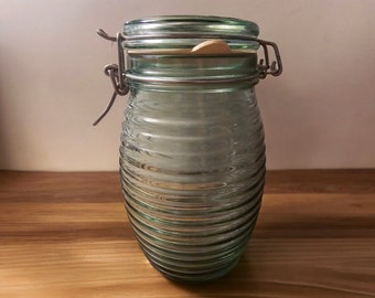Vintage Beehive Ring Green Glass Storage Jar with Wire Bale made in Canada