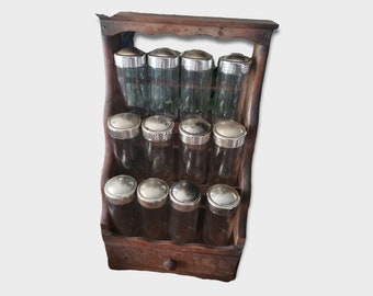 vintage wood spice stand rack cabinet with glass spice jars