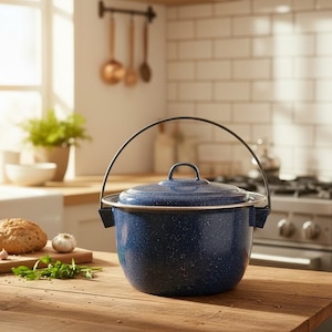 Vintage Blue and White Speckled Pot with Wire Bail and Lid