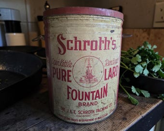 Vintage "Schroth's Fountain Brand" open kettle rendered lard tin pail.
