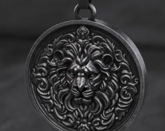 Sterling Silver Lion Pendant Necklace: Oxidized Leo Medallion