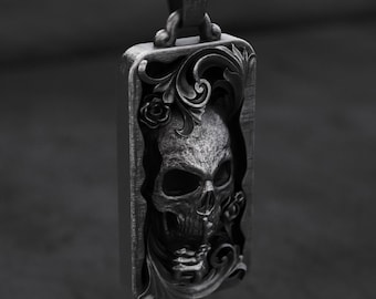 Oxidized Sterling Silver Skull and Roses Pendant - Gothic Biker Jewelry