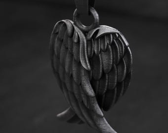 Oxidized Sterling Silver Winged Heart Pendant: Gothic Angel Wings Necklace