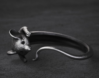Anello a forma di topo in argento sterling fatto a mano, regolabile, gioiello a forma di animale