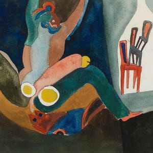 May include: Abstract watercolor painting featuring a reclining figure with geometric shapes in shades of blue, green, brown, and orange. A cluster of chairs is depicted in a white outline. The artwork has a modern, artistic style.