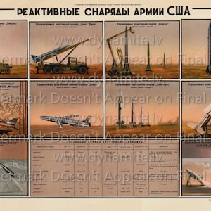 May include: Vintage poster featuring illustrations of various US Army rockets and missiles. The poster includes detailed diagrams and technical specifications, showcasing different types of weaponry. The text is in Russian, with the title "REACTIVE SHELLS OF THE US ARMY."