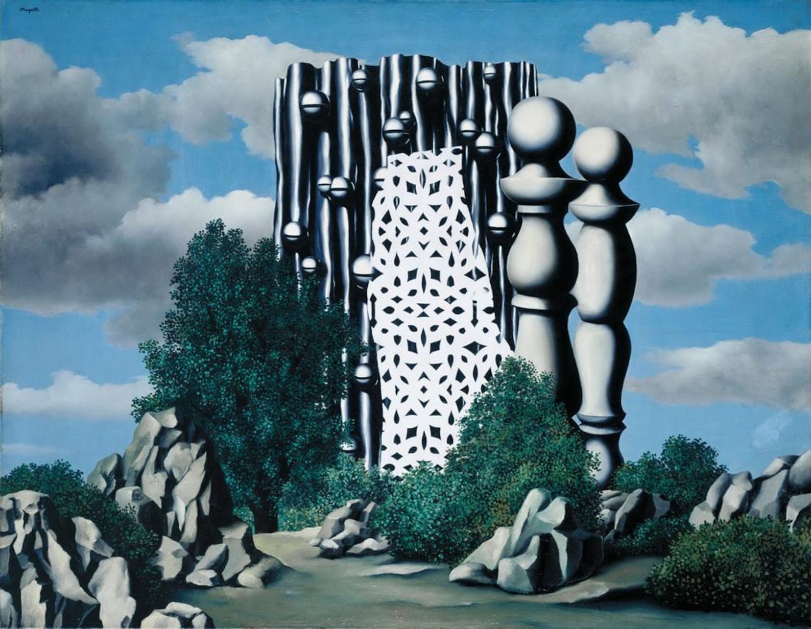 A surrealist oil painting depicting a fantastical landscape with a monumental structure combining striped metal cylinders, geometric patterned fabric, and abstract white sculptural forms against a blue sky with white clouds.