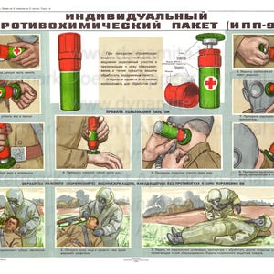 Op de afbeelding: Een geïllustreerde poster met de stappen voor het gebruik van een individueel anti-chemisch pakket (IHP-9). De poster toont een rood en groen cilindrisch apparaat met een wit kruis en instructies voor het gebruik.