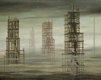 May include: An oil painting depicts several tall, wooden scaffolding structures rising from a misty, muted landscape. The structures, resembling unfinished buildings, are partially draped with white fabric, creating a surreal, architectural theme.