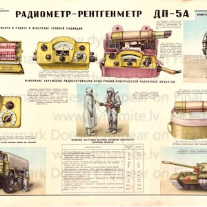 May include: Vintage poster titled "Radiometer-Röntgenmeter DP-5A" in Russian, featuring illustrations of radiation detection equipment, a soldier in protective gear, and a tank. The poster includes text and diagrams related to radiation measurement.
