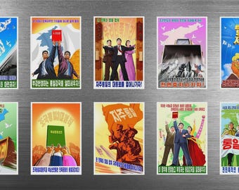 May include: A collection of ten vintage propaganda posters with Korean text and imagery. The posters feature illustrations of people, flags, and symbols, with vibrant colors and bold designs. The posters are likely related to political or social themes.