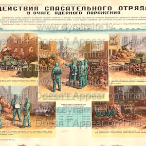 May include: Vintage poster depicting a rescue squad in a nuclear disaster zone. The poster shows illustrations of rescue workers in protective gear, clearing debris and assisting survivors. The text in Russian reads "Actions of the rescue squad in the nuclear disaster zone."
