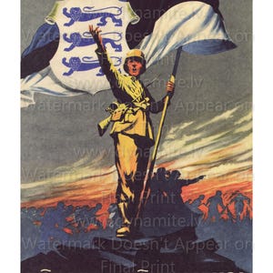 May include: Vintage propaganda poster featuring a soldier raising his arm, holding a flag with a white and blue design. The poster includes the Estonian coat of arms and the text "TOUSKEM VOITLUSEKS!" in bold letters.