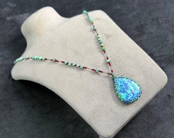 Azurite malachite Micro Macrame Necklace: natural stone handmade pendent with beads and boho style