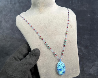 Azurite malachite Micro Macrame Necklace: natural stone handmade pendent with beads and boho style