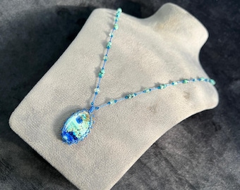 Azurite malachite Micro Macrame Necklace: natural stone handmade pendent with beads and boho style
