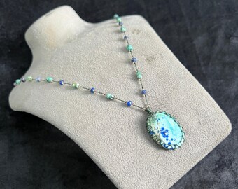Azurite malachite Micro Macrame Necklace: natural stone handmade pendent with beads and boho style