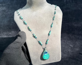 Azurite malachite Micro Macrame Necklace: natural stone handmade pendent with beads and boho style