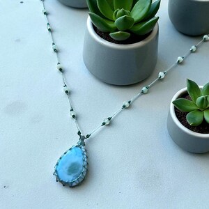 Larimar Micro Macrame Necklace: natural stone Larimar handmade pendent with beads and boho style