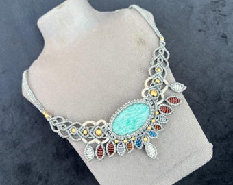 Collar de macramé con amazonita: piedra preciosa tejida a mano, joyería bohemia curativa