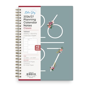 May include: A spiral-bound planner with a teal cover featuring the numbers "26" and "27" in white, adorned with floral accents. The planner includes weekly and monthly calendar pages, reference pages, contacts, and over 50 note pages. The text "Blue Sky" and "Classic" are also visible.