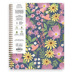 May include: A spiral-bound planner with a floral design. The cover features a navy blue background with pink, yellow, and white flowers. Text on the cover reads "Planning Calendar Jul 2026 - Jun 2027". Includes tabbed weekly/monthly calendar pages and a storage pocket.