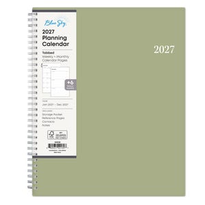 May include: A sage green 2027 Blue Sky planning calendar with a white wire-bound spine. The cover features the year 2027 in white text. A vertical white label on the left side lists features including tabbed weekly and monthly pages.
