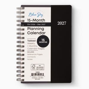 May include: A 15-month Blue Sky planning calendar for October 2026 through December 2027 with a black cover and silver spiral binding. The white label features the text 2027, 15-Month, Planning Calendar, Tabbed Weekly + Monthly Calendar Pages, and includes reference pages, contacts, and notes.