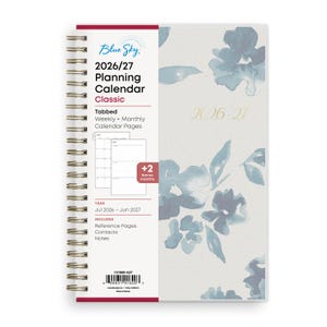 May include: A spiral-bound 2026/27 planning calendar with a floral design in shades of blue and white. The calendar includes weekly and monthly pages, reference pages, contacts, and notes. The cover features the text "Blue Sky" and "Classic".