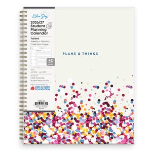 May include: A spiral-bound student planning calendar for 2026/27 with a confetti design. The cover features the text "Plans & Things" and includes weekly and monthly calendar pages, class schedules, and student resource info.
