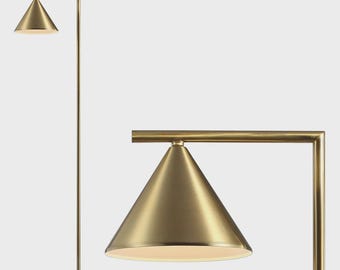 Mid Century Modern Brass Floor Lamp: Golden Cone Shade, 70-Inch Tall