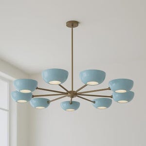 Mid Century Modern Sputnik Chandelier: White Enamel & Brass 8-Light Ceiling Lamp