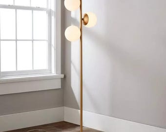 Mid Century Handmade Brass Globe Floor Lamp: Modern Marble Base Living Room Lighting